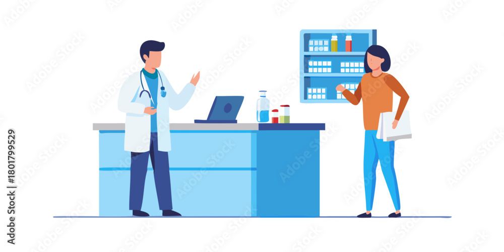 Obraz premium Pharmacist standing at pharmacy counter and presenting prescription drug. Pharma professional at drugstore concept. Vector illustration.