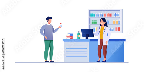 Pharmacist standing at pharmacy counter and presenting prescription drug. Pharma professional at drugstore concept. Vector illustration.
