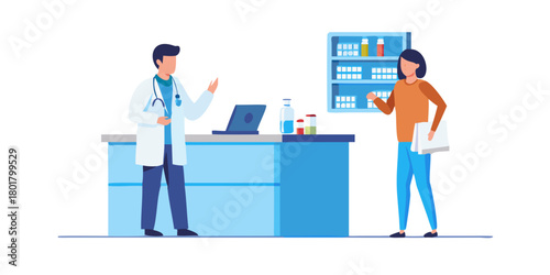 Pharmacist standing at pharmacy counter and presenting prescription drug. Pharma professional at drugstore concept. Vector illustration.
