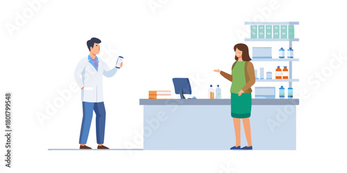 Pharmacist standing at pharmacy counter and presenting prescription drug. Pharma professional at drugstore concept. Vector illustration.
