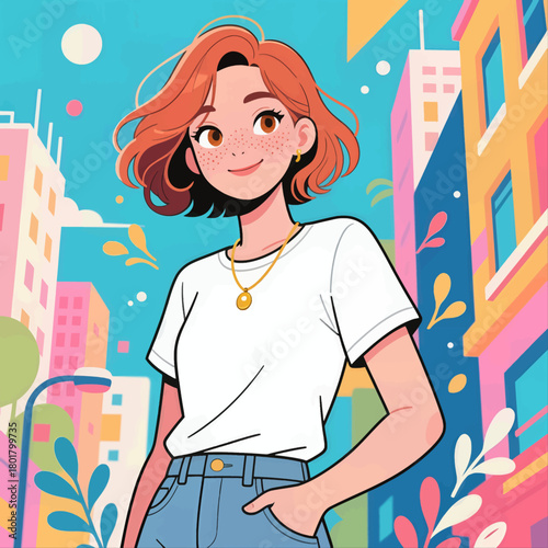 Casual redhead woman in colorful urban illustration