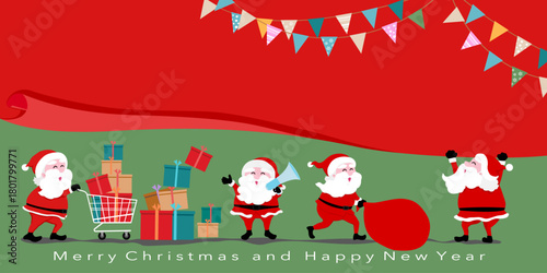 Vector hand drawing for holiday, Merry Christmas and happy new year with character of Santa clause, gifts boxes in a cart, celebrate flags on red and green background