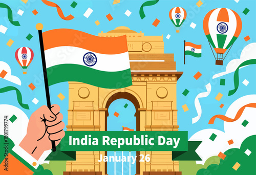 Celebration of India Republic Day with India Gate, colorful art
