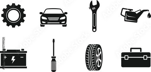 Collection of automotive repair and maintenance icons for vehicle service and care