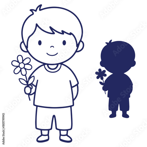 Child holding flower illustration with shadow cute vector art with boy and blossom representing childhood innocence and nature connection