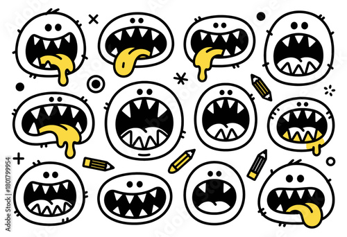 Cartoon monster faces with pencils and dripping tongues, playful illustration.