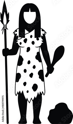 Cavewoman with spear and club vector illustration stone age woman art eps silhouette
