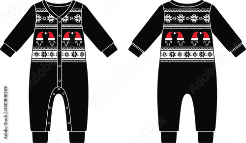 Cozy festive black baby pajamas with holiday pattern and Santa hats