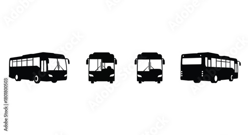 Four black bus are in a row