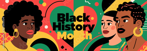 Colorful Black History Month illustration with stylized faces and heart