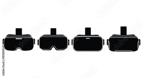 Four black vr glasses are in a row