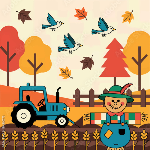 Colorful autumn farm scene with tractor and scarecrow