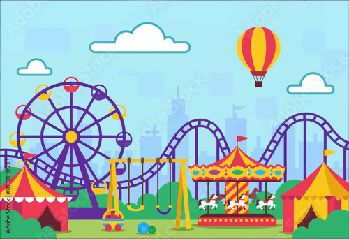 Colorful carnival scene, flat illustration with amusement park rides on city backdrop