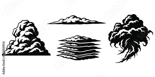 Black and white stylized clouds on white background_1