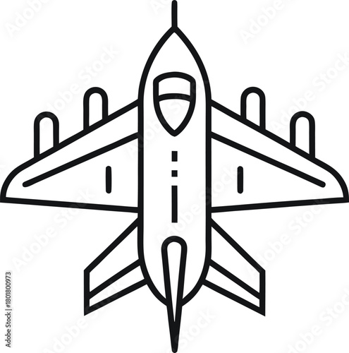 A minimalist black line art illustration of a commercial airplane with four engines on its wings viewed from directly above isolated on white background.