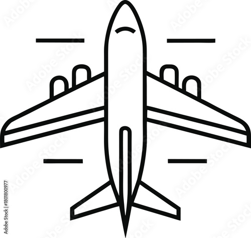 A minimalist black line art illustration of a commercial airplane with four engines on its wings viewed from directly above isolated on white background.