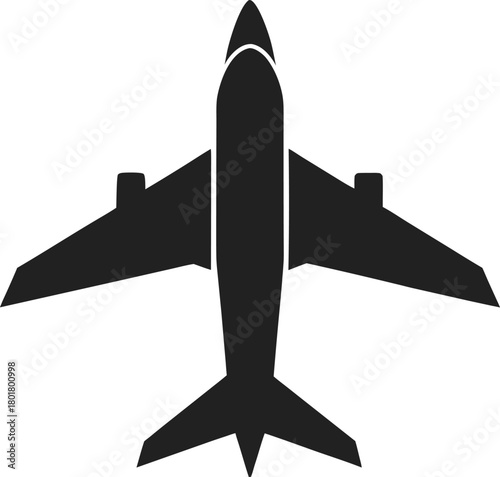 A minimalist black line art illustration of a commercial airplane with four engines on its wings viewed from directly above isolated on white background.