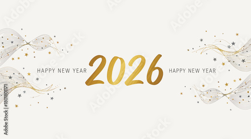 Golden 2026 text with confetti and streamers, isolated on