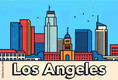 Colorful cityscape of Los Angeles skyline, flat design buildings.