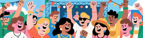 Colorful crowd cheering at outdoor concert stage, flat illustration
