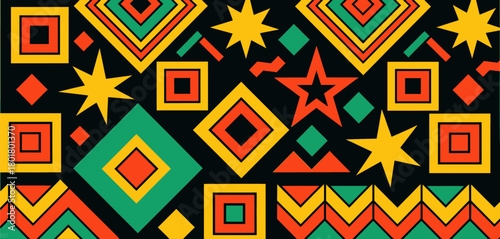 Colorful geometric pattern with stars and shapes, African inspired design
