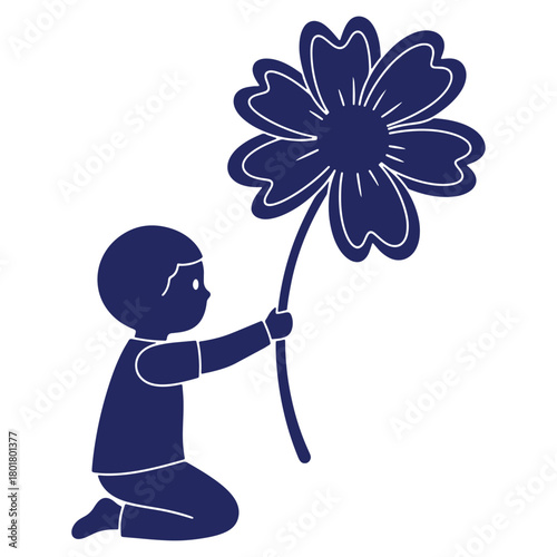 Child presenting a large flower vector illustration on white background representing innocence nature and imagination for creative projects