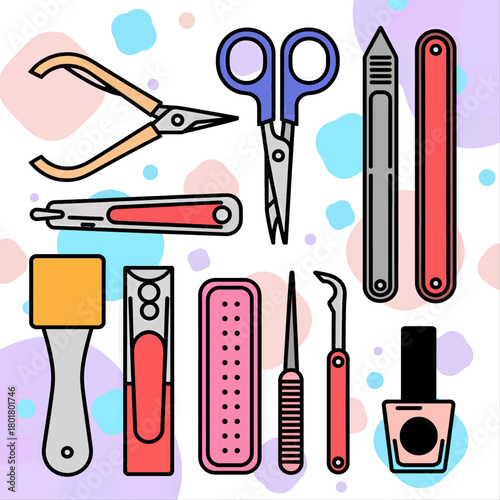 Colorful manicure kit, nail care tools flat vector illustration
