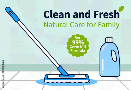 Colorful mop cleaning floor, germ-free concept, minimal illustration