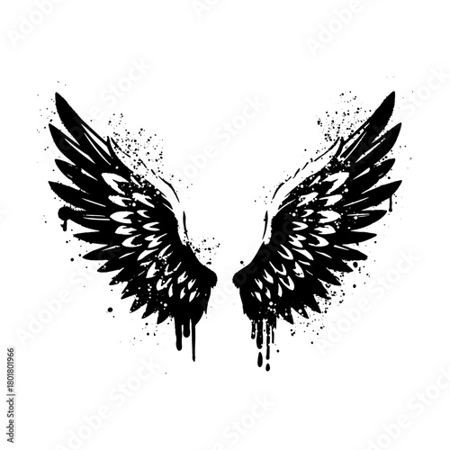 Illustration of bird and angel symbol wings with black graffiti art on white background