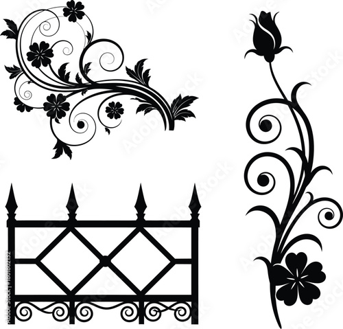 Black and white floral designs with fence vector graphic elements eps silhouette