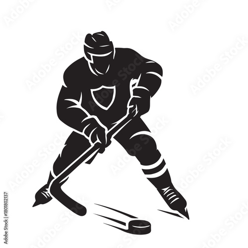 Hockey Player Silhouette with Puck and Motion Lines