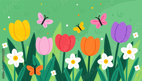 Colorful spring flowers and butterflies in a playful garden scene