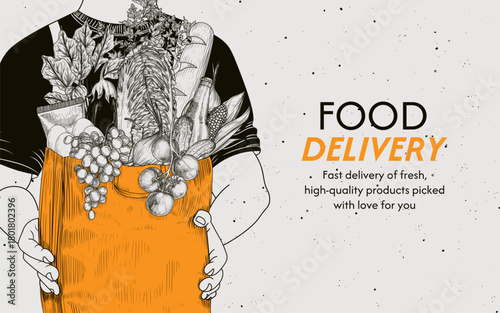 Vector banner for food delivery. The delivery person is holding a bag of healthy food. Template for grocery store with vegetables