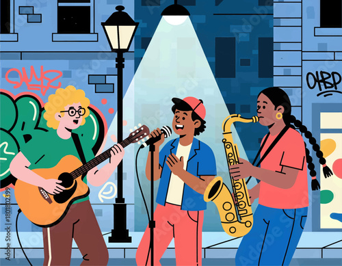Colorful street band performing, vibrant vector illustration, urban scene