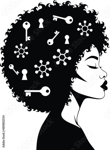 Afro woman with keys and molecules vector art illustration design eps silhouette