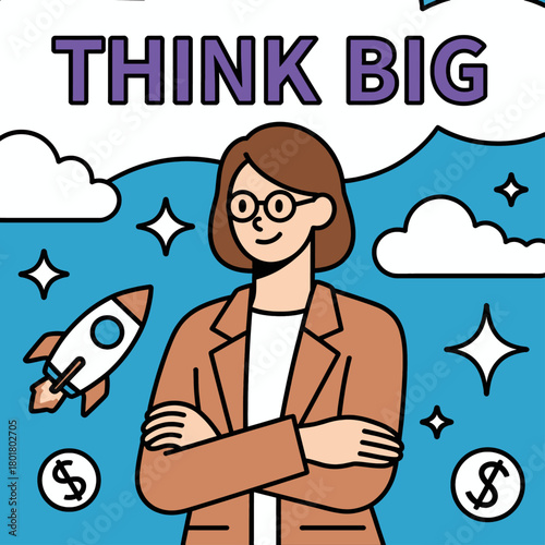 Confident woman thinking big, minimal illustration, dreaming of success