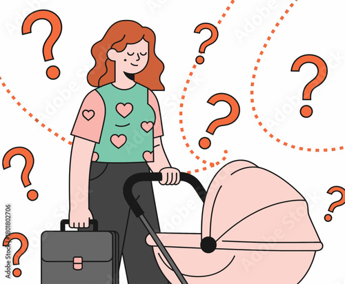 Confused mother with stroller, flat illustration, questioning concept