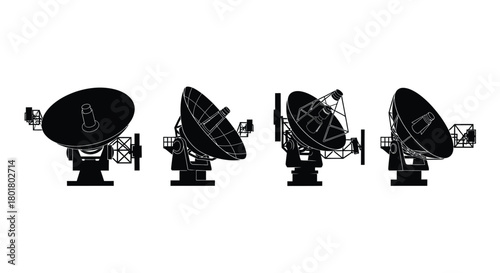 Silhouette of a radio telescope in different views