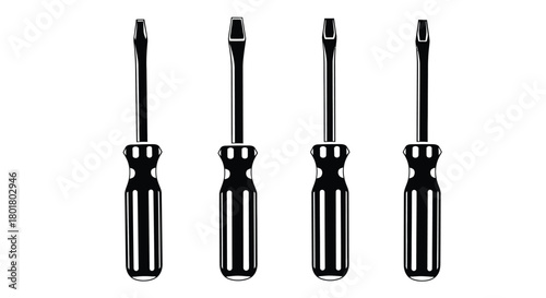Four black and white screwdrivers are lined up