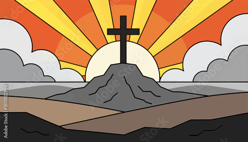 Cross on hill at sunrise, minimal scene, vibrant colors