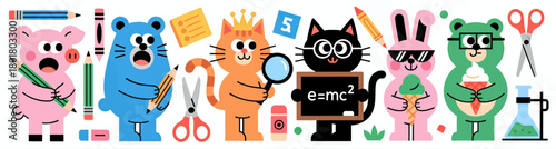 Cute animals with school supplies flat design vector illustration