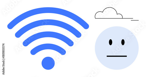 wireless signal icon beside a neutral face and minimal cloud, combining communication, emotions, and simplicity. Ideal for technology, connectivity, emotions, minimalism, internet digital design