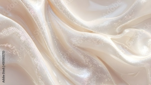 Flowing shimmering iridescent cream fabric creating soft smooth folds and elegant waves, abstract luxury textile background with sparkling texture and gentle light reflecting