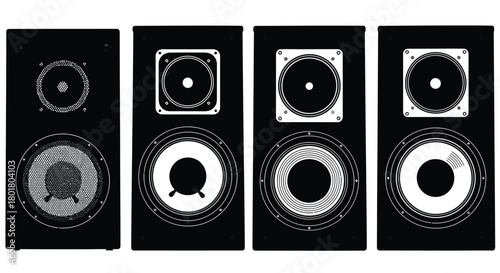Four black and white speaker boxes