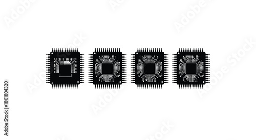 Four black computer chips in a row