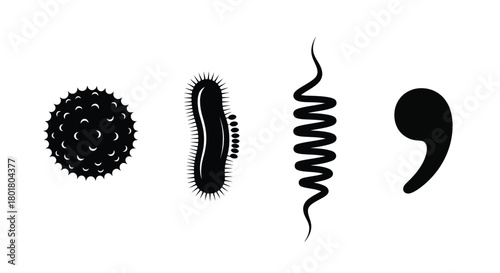 Four black microorganism icons in a row format