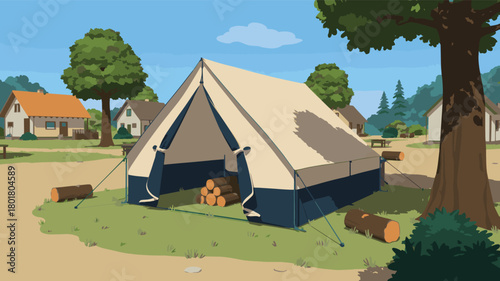 Camping tent in a campground with trees and houses in the background