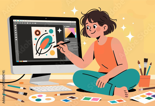 Digital artist working on colorful abstract design using computer