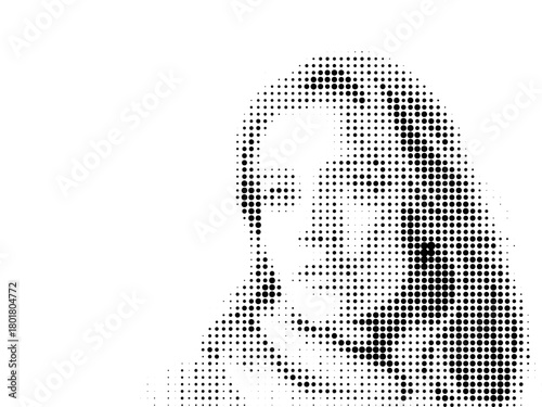Female face, halftone dotted texture, polka dot motif, International Women's Day (March 8), vector, minimalist design, clean lines, pop art style, for postcards.vector