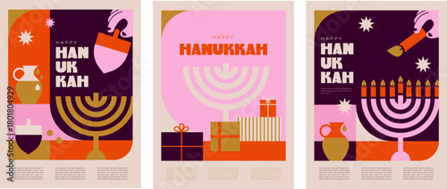 Happy Hanukkah banner, vertical cards, background, posters set. Modern design for traditional holiday.
